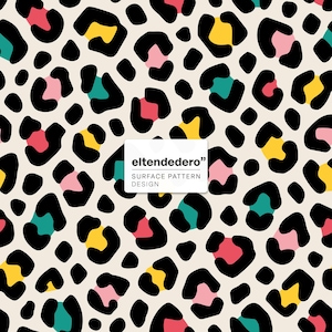 May include: A repeating leopard print pattern on a cream background featuring black outlines filled with pink, yellow, and teal accents. A white rectangular label in the center displays the text eltendedero SURFACE PATTERN DESIGN.
