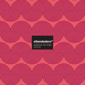 May include: A repeating surface pattern featuring horizontal wavy lines in shades of dark magenta and pink. A black rectangular label is centred on the design with the white text "eltendedero" and "SURFACE PATTERN DESIGN" printed below it.