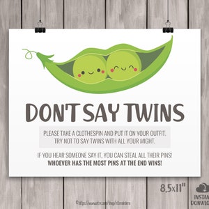 Dont Say Twins Game - Don&#39;t Say Baby Sign - Twin Baby Shower Games Printable - Funny Baby Games - Two Peas in a Pod Baby Shower Activities