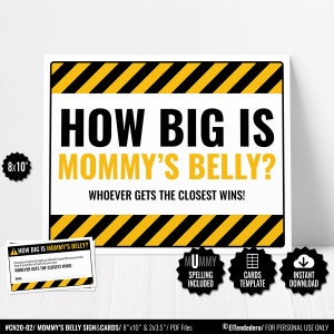 Jogo de placa "Qual o tamanho da barriga da mamãe", jogos para chá de bebê em construção para imprimir, jogo de barriga, atividades para chá de bebê com caminhão para download digital