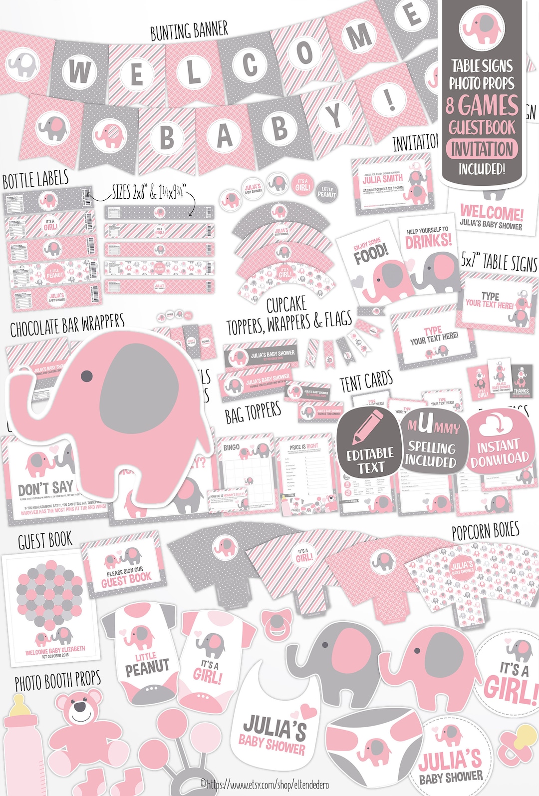 SELF EDITABLE Pink Elephant Baby Shower Decorations. Printable Pink ...