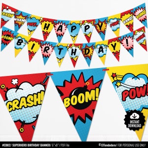 Superhero Birthday Banner - Comic Book Theme Bunting Banner - Printable Pennant Garland - Superheroes Birthday Party Decorations - Digital