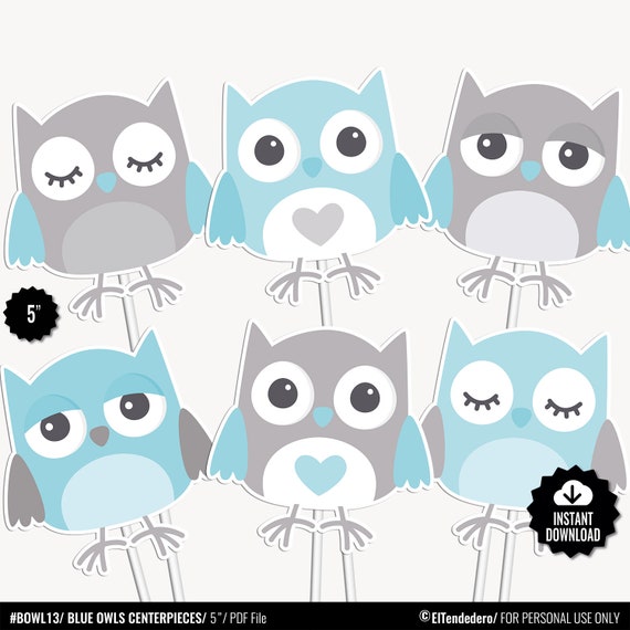Owl Centerpieces Blue Gray Baby Shower Table Decor Cute Baby Decorations Owls Illustrations Collage Sheet Digital Images Printable Pdf