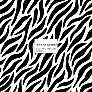 Puede incluir: Un patrón de rayas de cebra en blanco y negro que presenta una etiqueta rectangular blanca en el centro con el texto "eltendedero" seguido de las palabras "SURFACE PATTERN DESIGN" impresas en letras mayúsculas negras sin remates.