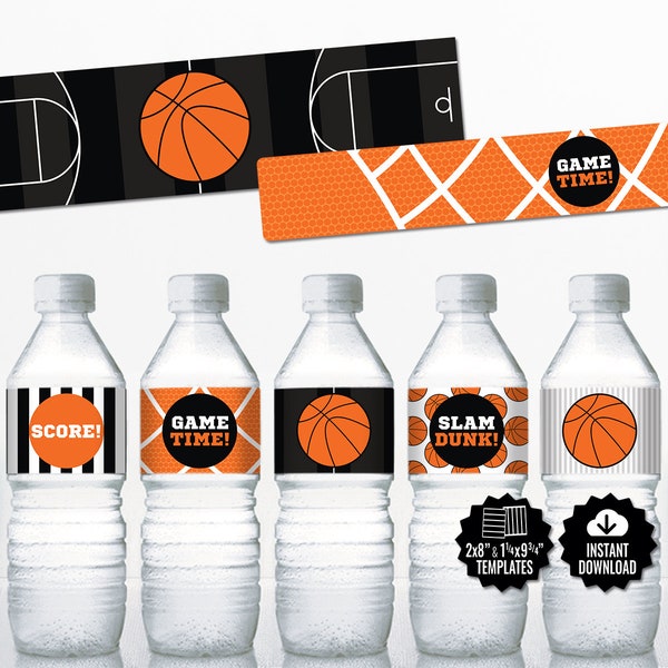 Basketball Water Bottle Labels. Sports Party Labels. Printable Birthday Bottle Wrappers. DIY Wraps. Basketball Team Labels. Kids Decor