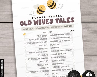 Old Wives Tales Game Cards. Honey Bee Baby Shower Games. Gender Reveal Printable, Guessing Baby Activities, Gender Prediction Quiz Download