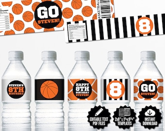 Basketball Water Bottle Labels. Sports Party Labels. Printable Birthday Bottle Wrappers. DIY Wraps. Basketball Team Labels. Kids Decor