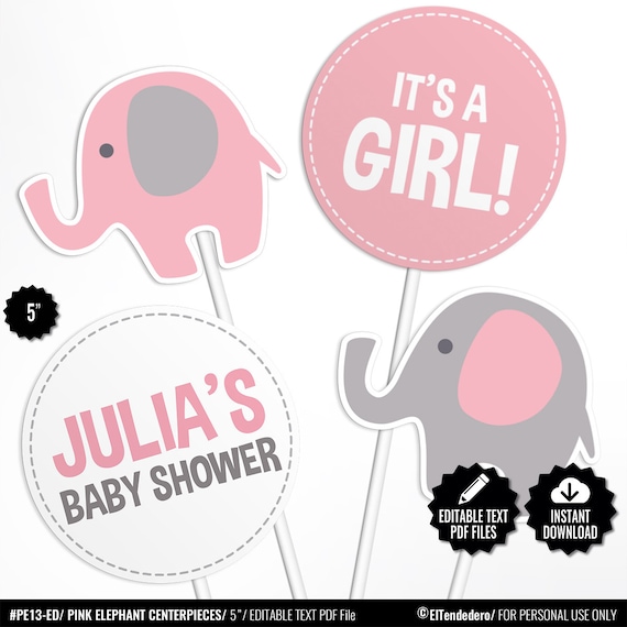 Self Editable Elephant Baby Shower Centerpieces Pink Table Etsy