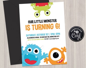 SELF EDITABLE Little Monster Birthday Invitation Template - Printable Invite - Neutral Kids Birthday Party - First Birthday Instant Download