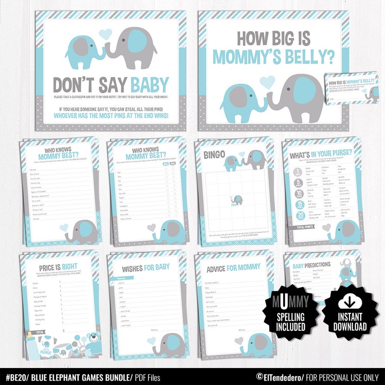 Blue and Gray Baby Shower Activities Blue Elephant Baby Shower Games Package Printable Game Cards Funny Baby Games Baby Boy