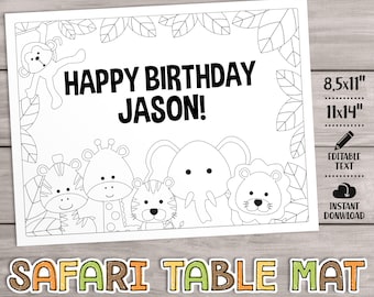 SELF EDITABLE Safari Kids Activities Table Mat, Party Games Placemat, Jungle Animal Coloring Pages, Birthday Favor. Baby Shower Activities