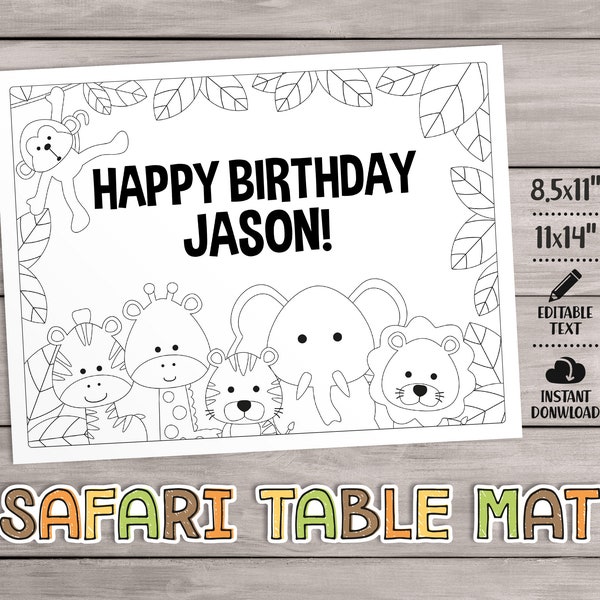 Nappe à colorier EDITABLE/ Safari Animals. Jeu d'anniversaire pour enfants de la jungle, activités de douche de bébé imprimables - Téléchargement numérique.