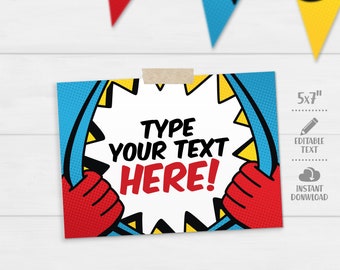 Superhero Table Signs - Editable Place Cards - Buffet Cards - Printable Food Cards - Comic Book Baby Shower/Kids Birthday Party Table Decor
