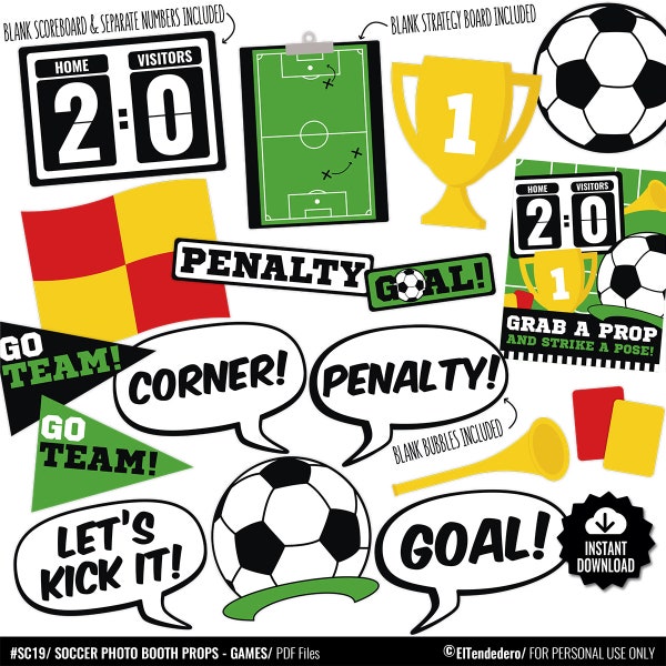 Soccer Photo Booth Props Package. Soccer Match Accessories. Team Birthday Party Games - Decorations. Printable Photocall Accessories