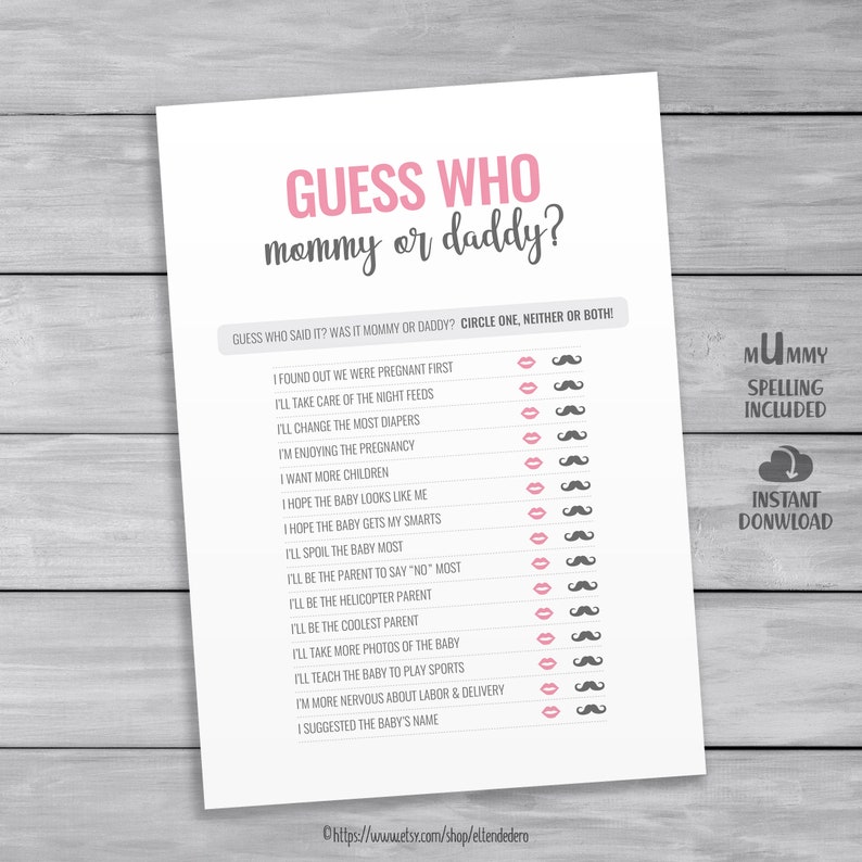 Mommy or Daddy Guess Who Game Cards. Pink & Grey Printable | Etsy