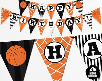 Basketball Birthday Banner - Sports Bunting Banner Decor - Printable Pennant Garland - Orange Basketball Team Party Decorations - Digital