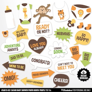 Puede incluir: Un conjunto de 16 accesorios de cabina de fotos imprimibles para un baby shower con temática de safari. Los accesorios presentan una variedad de frases e imágenes, incluyendo "¡Bienvenido bebé!" y "¿Listo o no?" así como un mono, una jirafa y un tigre.