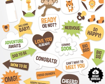 Baby Shower Photo Booth Props - Safari Photo Props - Gender Neutral Props - Jungle Baby Photo Accessories - Selfie Station Speech Bubbles