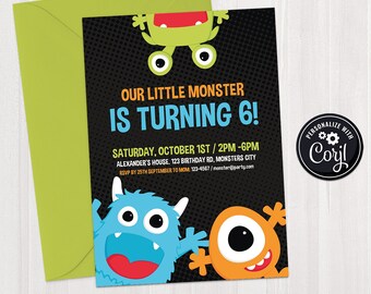 SELF EDITABLE Little Monster Birthday Invitation Template - Printable Invite - Funny Kids Birthday Party - Black Birthday Instant Download