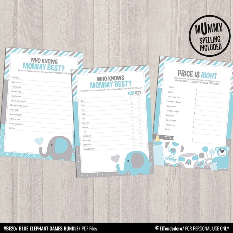 Blue and Gray Baby Shower Activities Blue Elephant Baby Shower Games Package Printable Game Cards Funny Baby Games Baby Boy