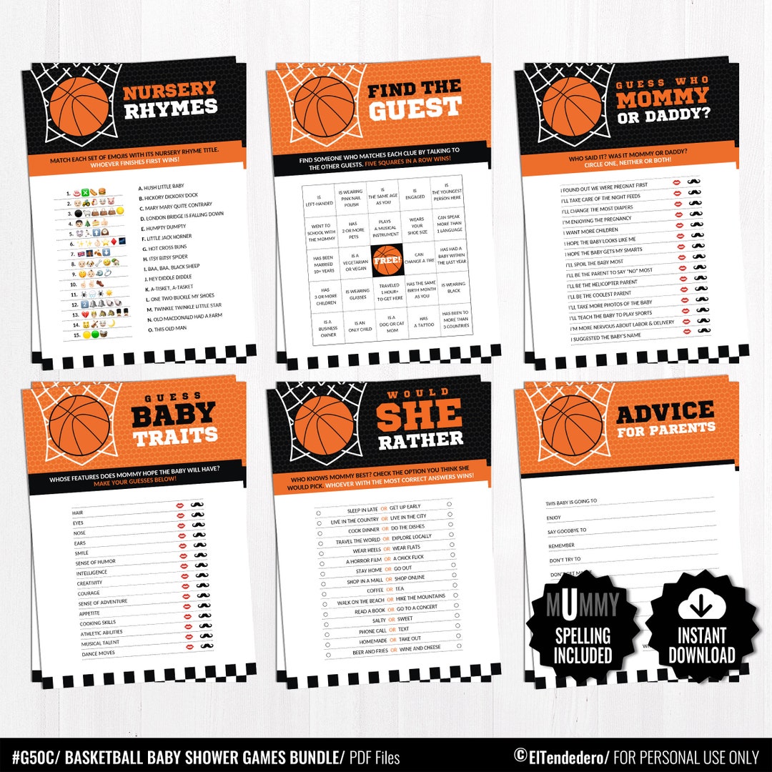 Basketball Baby Shower Games Package Printable Sports Game Cards Funny