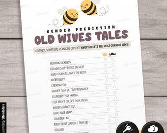 Old Wives Tales Game Cards. Honey Bee Baby Shower Games. Gender Reveal Printable, Guessing Baby Activities, Gender Prediction Quiz Download