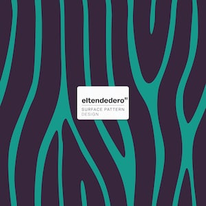 Könnte beinhalten: Ein dunkelvioletter Hintergrund mit einem sich wiederholenden Muster aus fließenden türkisfarbenen Linien. Ein weißes rechteckiges Etikett in der Mitte zeigt den schwarzen Text "eltendedero" und darunter "SURFACE PATTERN DESIGN".