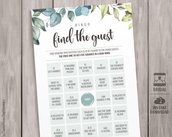 Find the Guest Bingo Bridal Shower Game Cards. Printable Greenery Bingo. Printable Activities Modern Leaves Wedding Shower Bachelorette Game