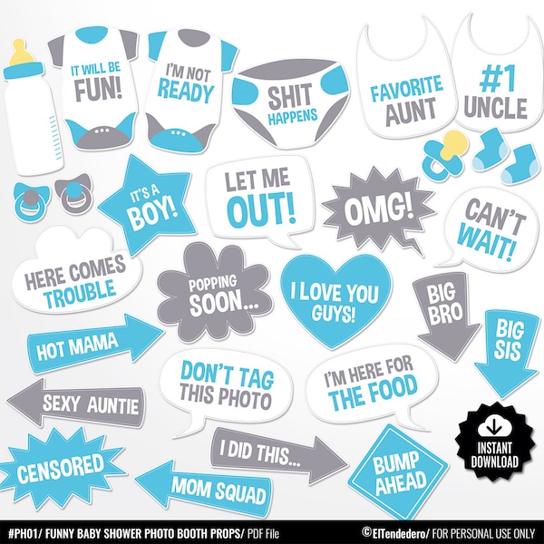 Funny Baby Shower Photo Booth Props. Blue and Grey Photo Props - Boy Baby Shower Props. Blue and Grey Speech Bubbles - Baby Photo Accesories