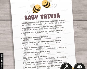 Baby Trivia Game Cards. Honey Bee Baby Shower Games. Baby Trivia Quiz Questions Printable, Guessing Baby Activities, Gender Neutral Download