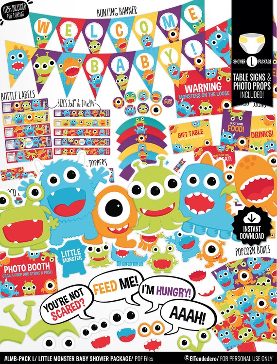 Little Monster Baby Shower Decorations Package Printable Baby Etsy