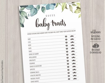 Baby Traits Game Cards. Greenery Baby Shower Games. Printable Guess Baby Features Game. Modern Green Leaves Gender Neutral Baby Activities