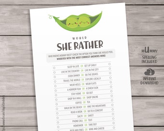 Would She Rather Baby Shower Game Cards. Printable Twin Baby Shower Games. Who Knows Mommy Best Game. Two Peas in a Pod Shower Activities