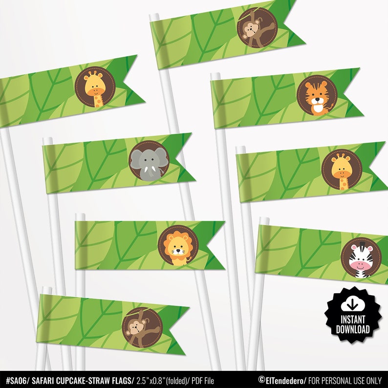 safari-birthday-cupcake-flags-printable-straw-flags-cupcake-etsy