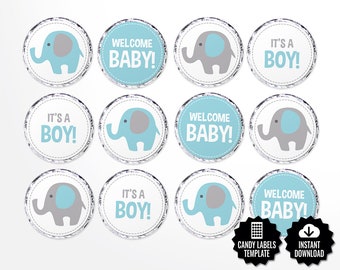 Baby Shower Candy Labels. Printable Round Stickers. Blue and Grey Elephant 0.8 inch Circles. Round Images Collage Sheet. Boy Kiss stickers