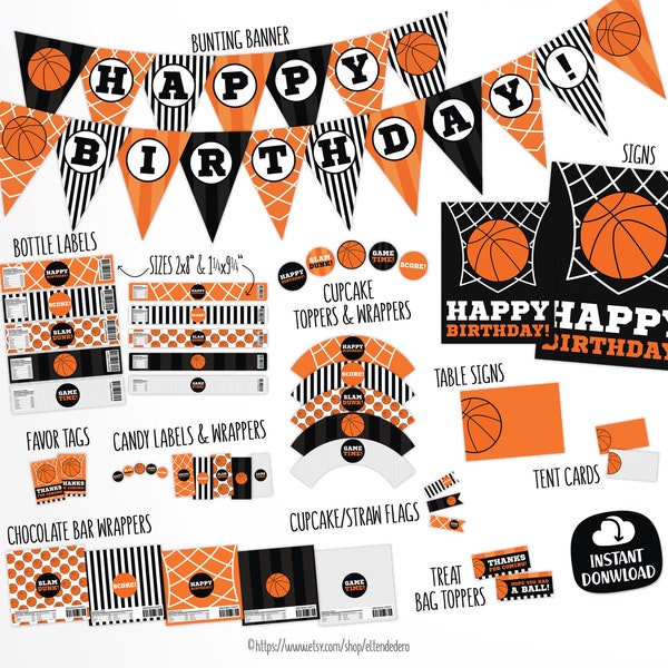 Basketball Birthday Decorations Package. Printable Kids Party Decor. Orange Basketball Team Party. Sports Decor. Digital Download