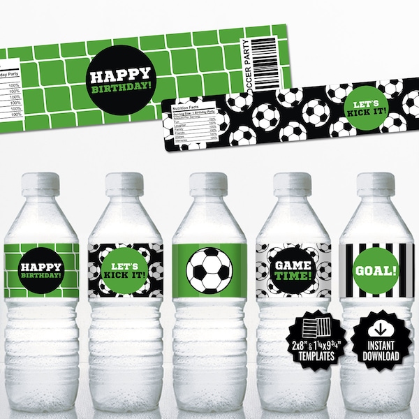 Etiquetas Botellas Agua Fútbol. Etiquetas Imprimibles Cumpleaños Infantil. Decoración Deportes Fiesta Niños. Descarga Digital