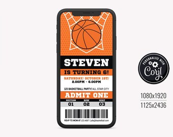 SELF EDITABLE Basketball Ticket Phone Invitation. Sports Team Mobile Kids Birthday Party Invite Template Smartphone, iPhone - Digital