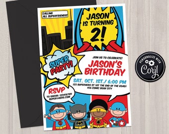 SELF EDITABLE Superhero Invitation Template. Printable Superheroes Comic Book Invite. Kids Birthday, Baby Shower Invitation Instant Download