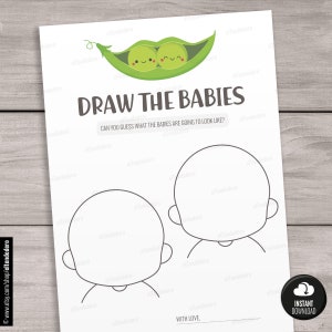 Trek de babyspelkaarten. Twee erwten in een peul Afdrukbare tweeling babyshowerspelletjes. Spel babygezichten tekenen, pdf-activiteiten direct downloaden