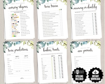 6 Twin Baby Shower Games Bundle. Printable Gender Neutral Greenery Baby Game Set. Modern Games Pack. Green Leaves Baby Shower Activities Kit