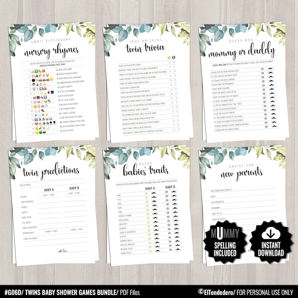 6 Twin Baby Shower Games Bundle. Printable Gender Neutral Greenery Baby Game Set. Modern Games Pack. Green Leaves Baby Shower Activities Kit