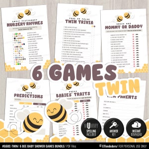 6 Twin Baby Shower Games Bundle. Printable Honey Bee Game Cards Set. Baby Games Pack. Gender Neutral Baby Shower Activities Kit PDF Download image 1