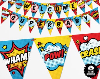 Superhero Baby Shower Banner. Comic Book Theme Bunting Banner. Printable Pennant Garland. Superheroes Baby Shower Decorations - Digital