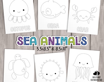 PRINTABLE Sea Animals Coloring Pages. Kids Party Games Birthday Favor. Animal Coloring Sheet Baby Shower Activities School Teacher Games
