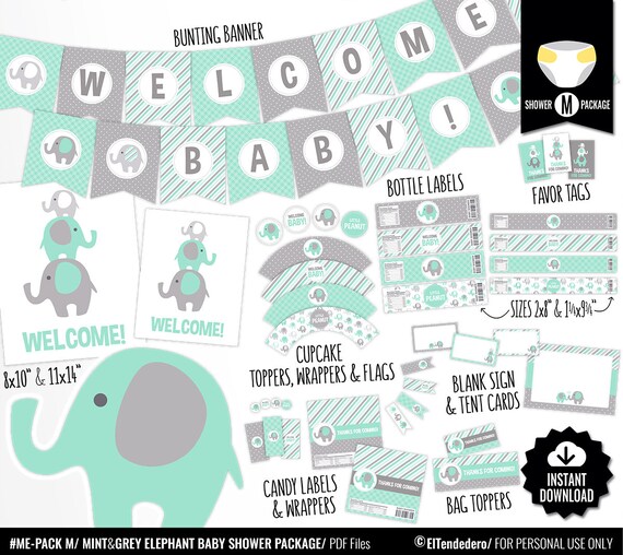 Mint Elephant Baby Shower Decorations Printable Mint Green Etsy