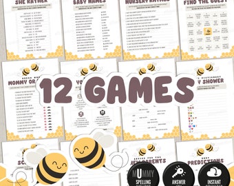 12 Bee Baby Shower Games Bundle. Printable Games Package. Cute Modern Games Kit. Gender Neutral Honey Bee Baby Shower Activities Set