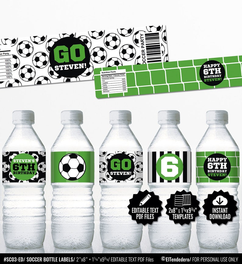 SELF EDITABLE Soccer Water Bottle Labels. Sports Party Labels. Printable Birthday Bottle Wrappers. DIY Wraps. Soccer Team Labels. Kids Decor image 1