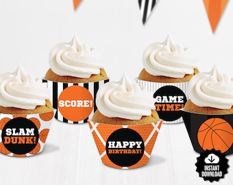 Basketball Cupcake Wrappers. Printable Cupcake Wraps - Covers. Sports Decor. Orange Basketball Team - Kids Birthday Party Decorations