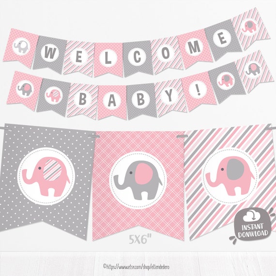 Girl Pink Elephants Welcome Home New Baby Bunting Banner Garland 
